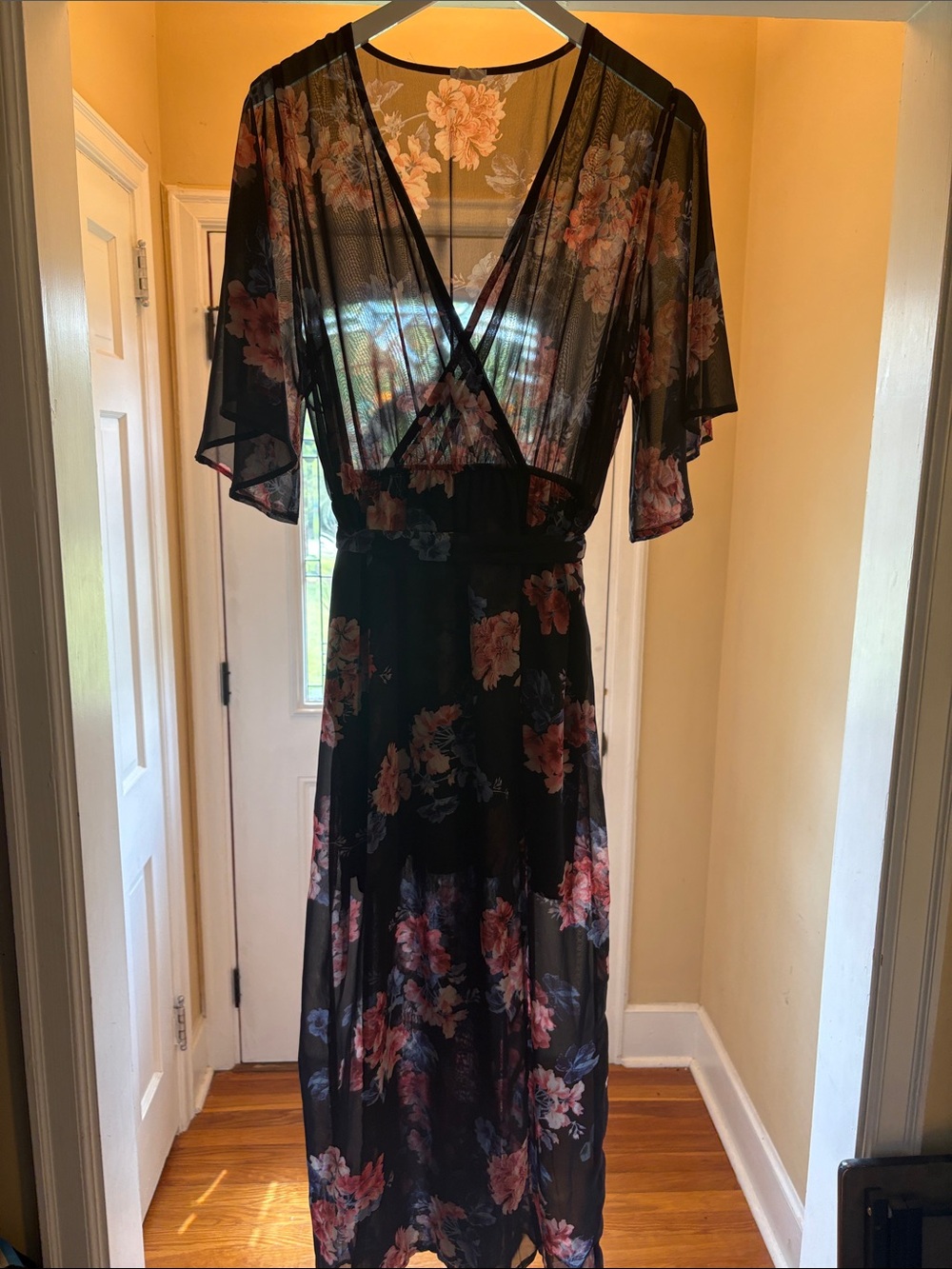 Source Unknown Black Sheer Maxi Dress with Pink Floral Print